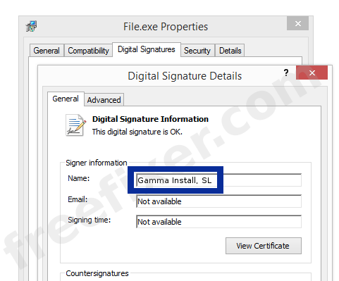 Screenshot of the Gamma Install, SL certificate
